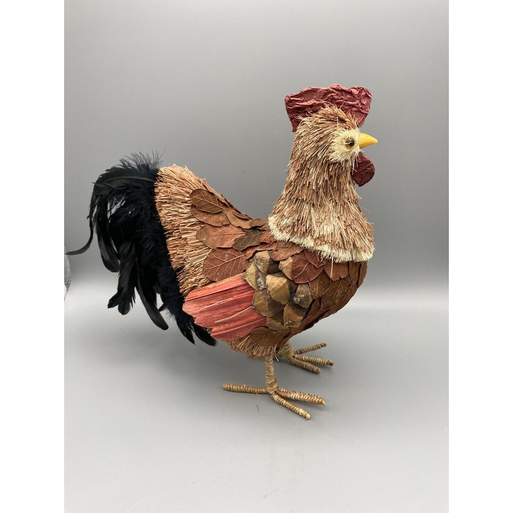 Rooster Statue Handmade of Straw, Grasses, Real Feathers Approx 12"tall